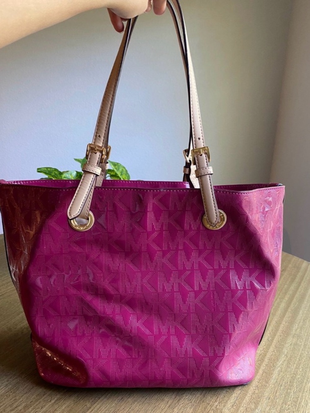 Michael Kors Fuchsia MK Logo Tote with Neutral Leather Straps